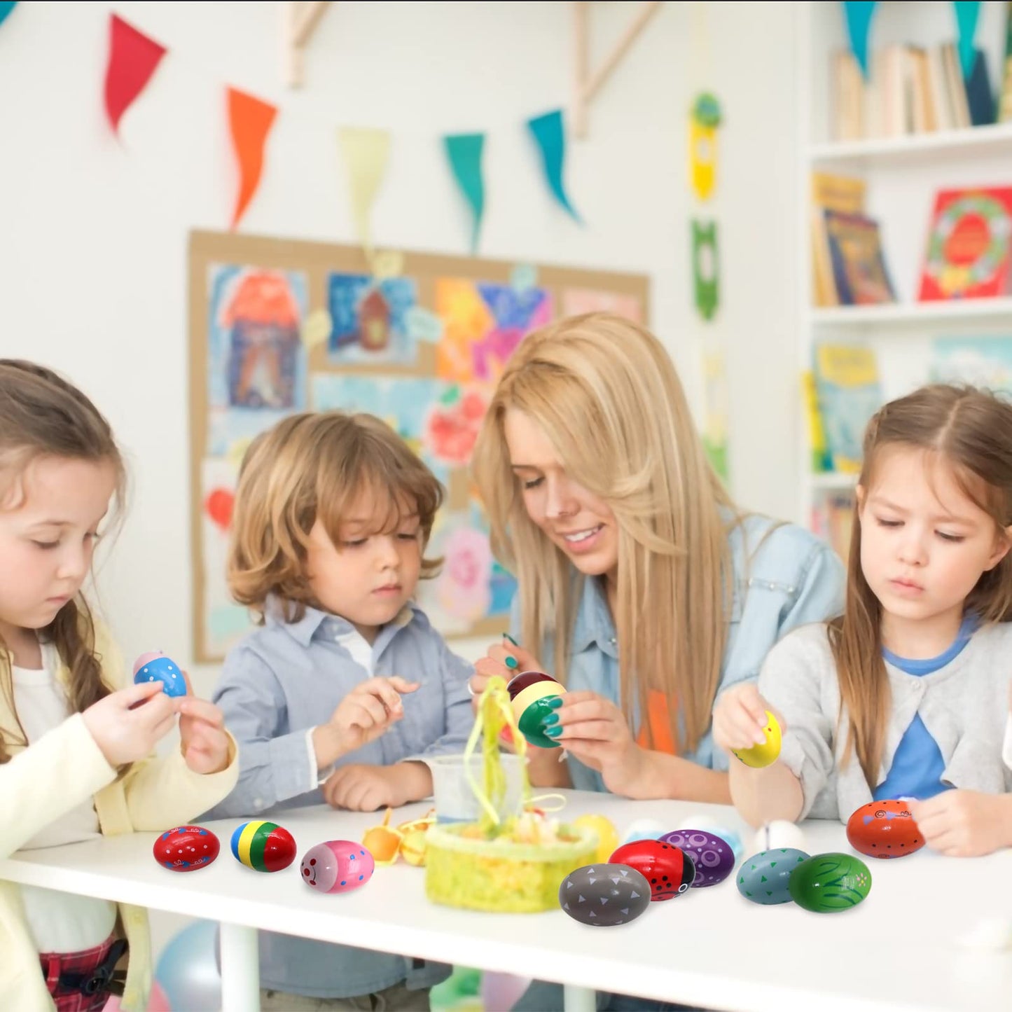 Ehome 12Pcs Wooden Egg Shakers Set Hand Musical Maracas Percussion Instruments Baby Eggs Shaker Prefilled Montessori Toys Birthd