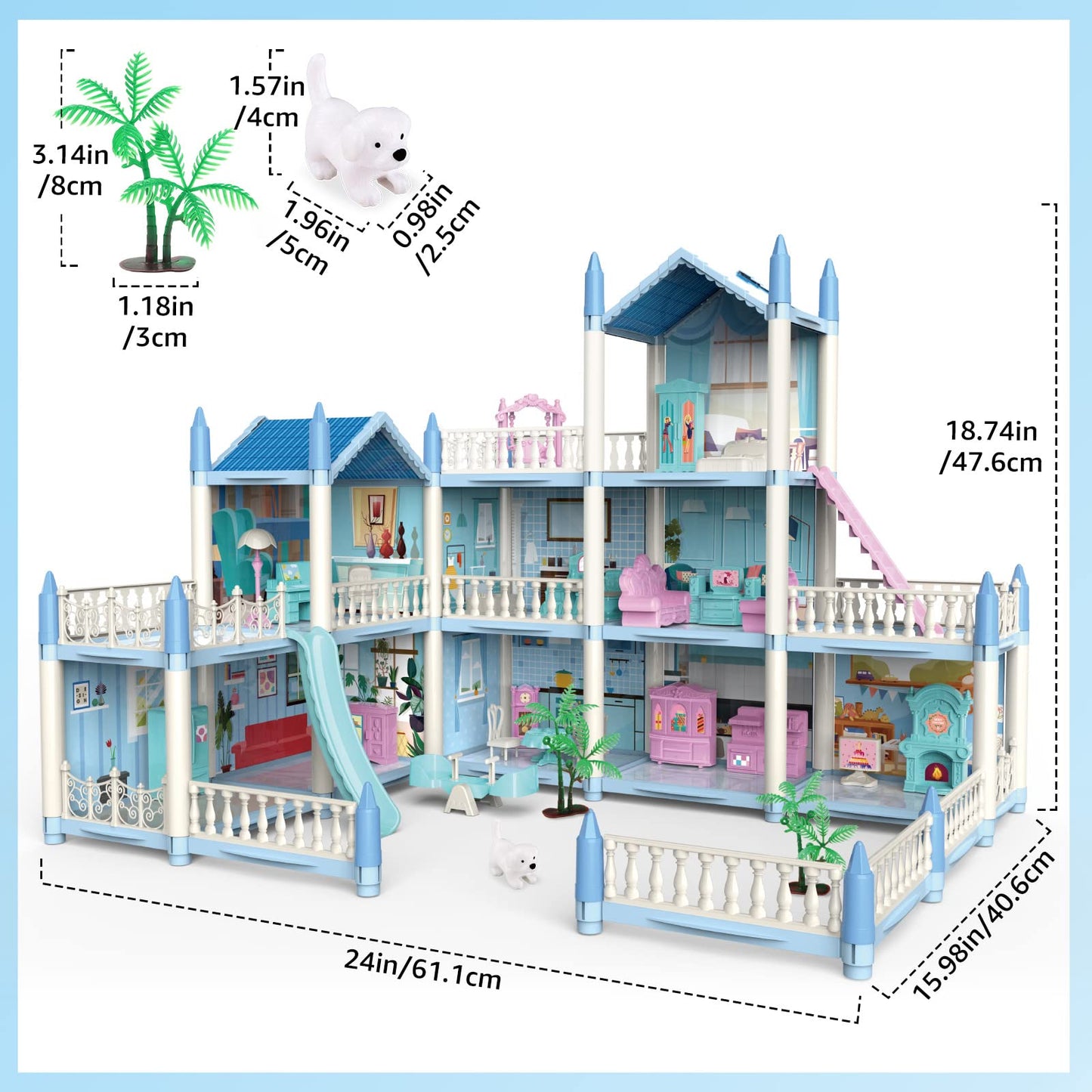Deao Dollhouse For Girls - 3 Story 11 Rooms Diy Building Pretend Play House With Accessories Furnitures With Outdoor Space Open Sided Princess Castle Playset For Girls Kids
