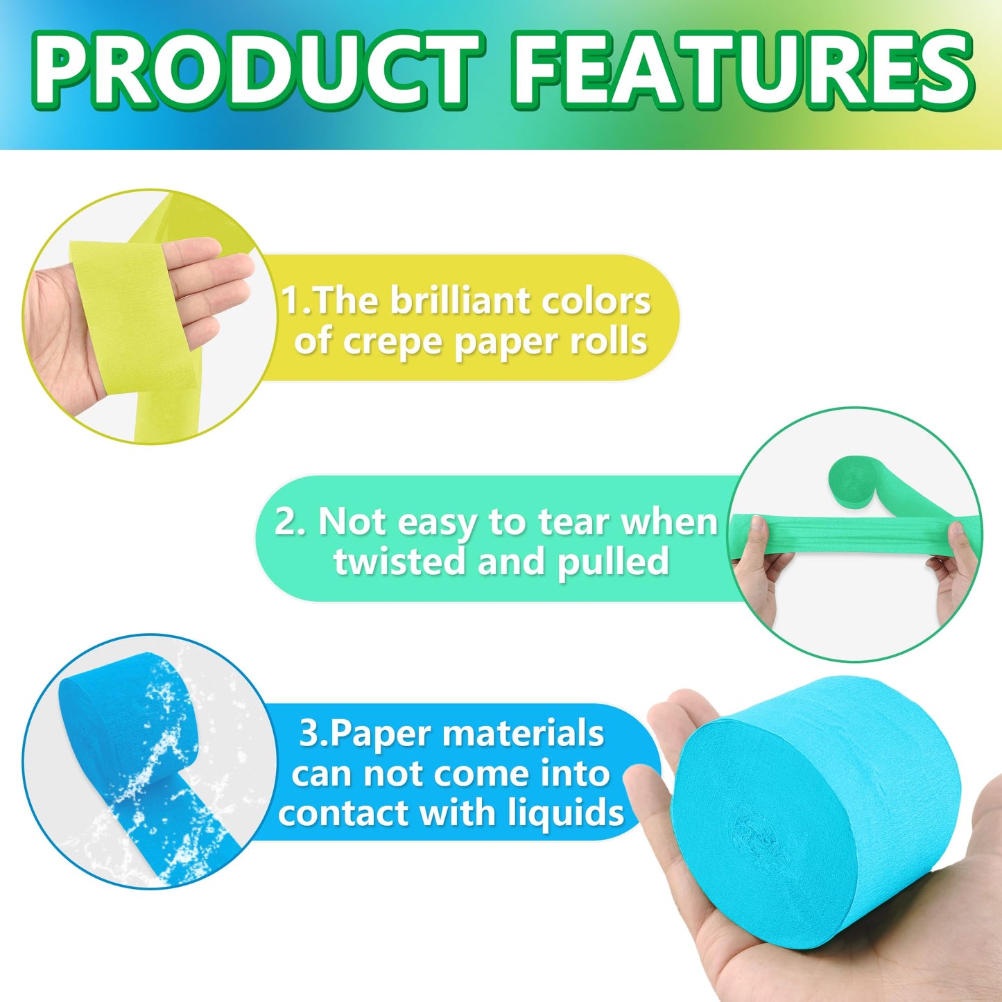 Oun Nana Blue and Green Crepe Paper Streamers, 2.2 x 123 Ft Per Roll, 6 Rolls Birthday Party Streamers for Forest Ocean Theme On