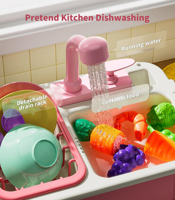 Geyiie Kids Sink with Running Water, Toddler Kitchen Sink Toy with Real Faucet, Chopping Foods, Play Dishes and Dish Rack, 30Pcs
