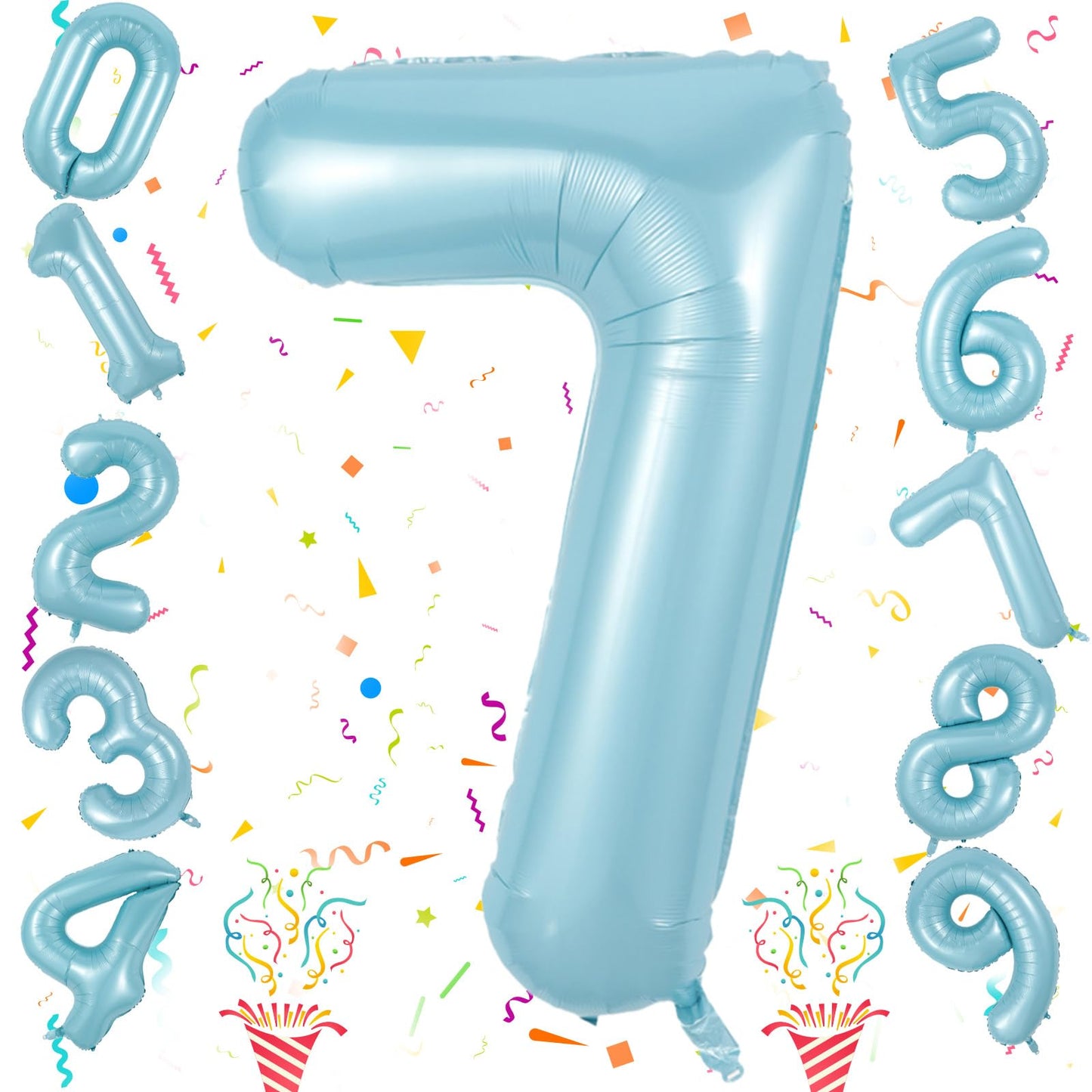 40 Inch 7Th Birthday Number Balloon, Baby Blue Foil Giant Self Inflating 7 Balloons, Mylar Light Sky Blue Helium Number 7 Balloo