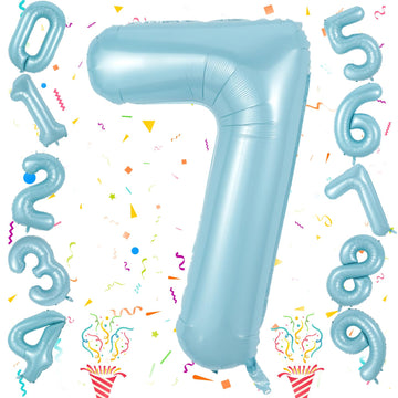 40 Inch 7Th Birthday Number Balloon, Baby Blue Foil Giant Self Inflating 7 Balloons, Mylar Light Sky Blue Helium Number 7 Balloo