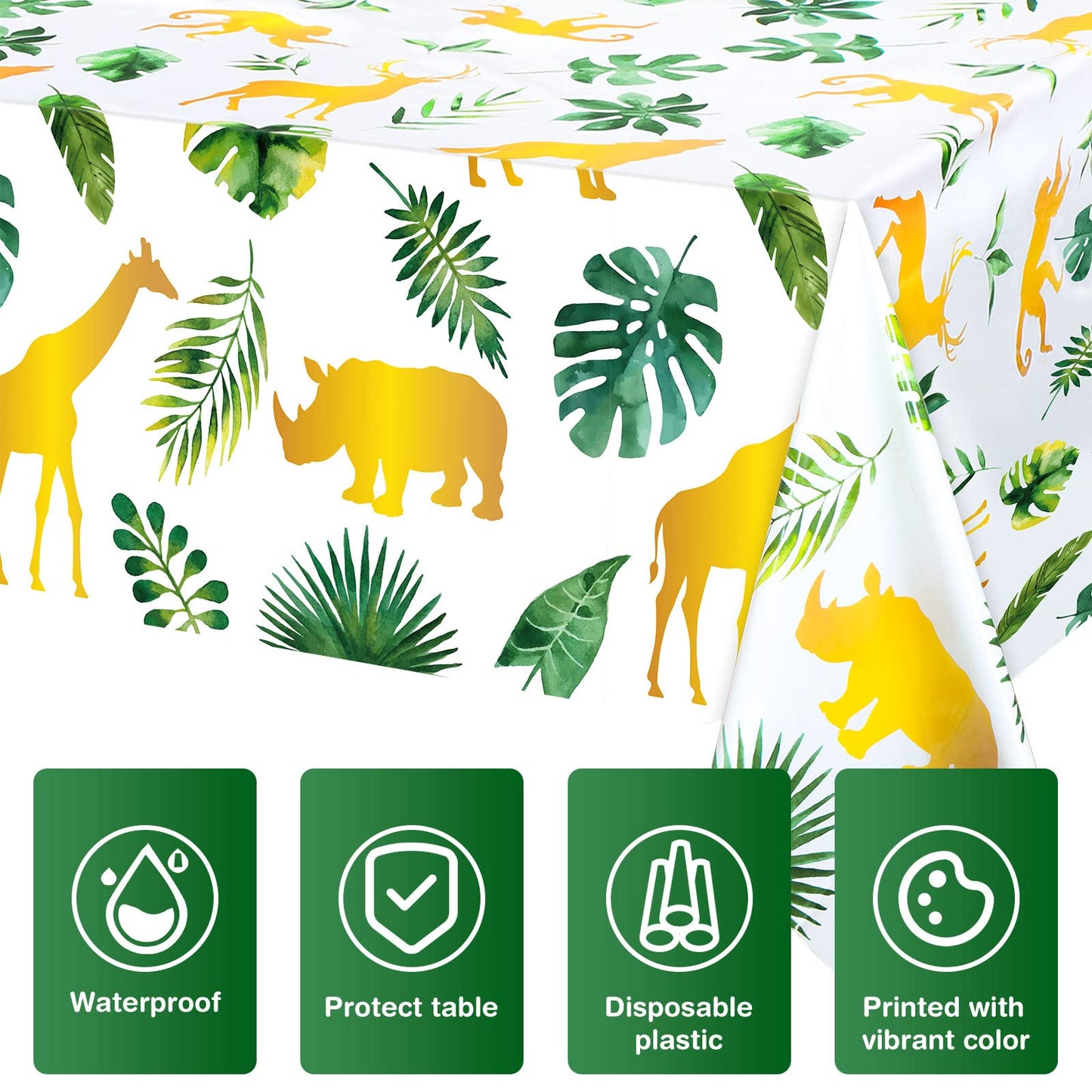Tudomro 3 Pcs Jungle Safari Tablecloths Plastic Wild One Table Cover Waterproof Jungle Animal Table Cloth Palm Leaves Tablecloth
