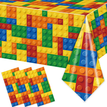 3Pcs Building Block Party Tablecloths For Boys Kids Colorful Building Plastic Table Cover Blocks Themed Birthday Party Supplies