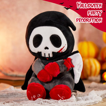 Specialyou 10'' Otto Reaper Plush Toy, Halloween Skull Grim Reaper Stuffed Animal With Black Cape And Detachable Reaper Scythe,