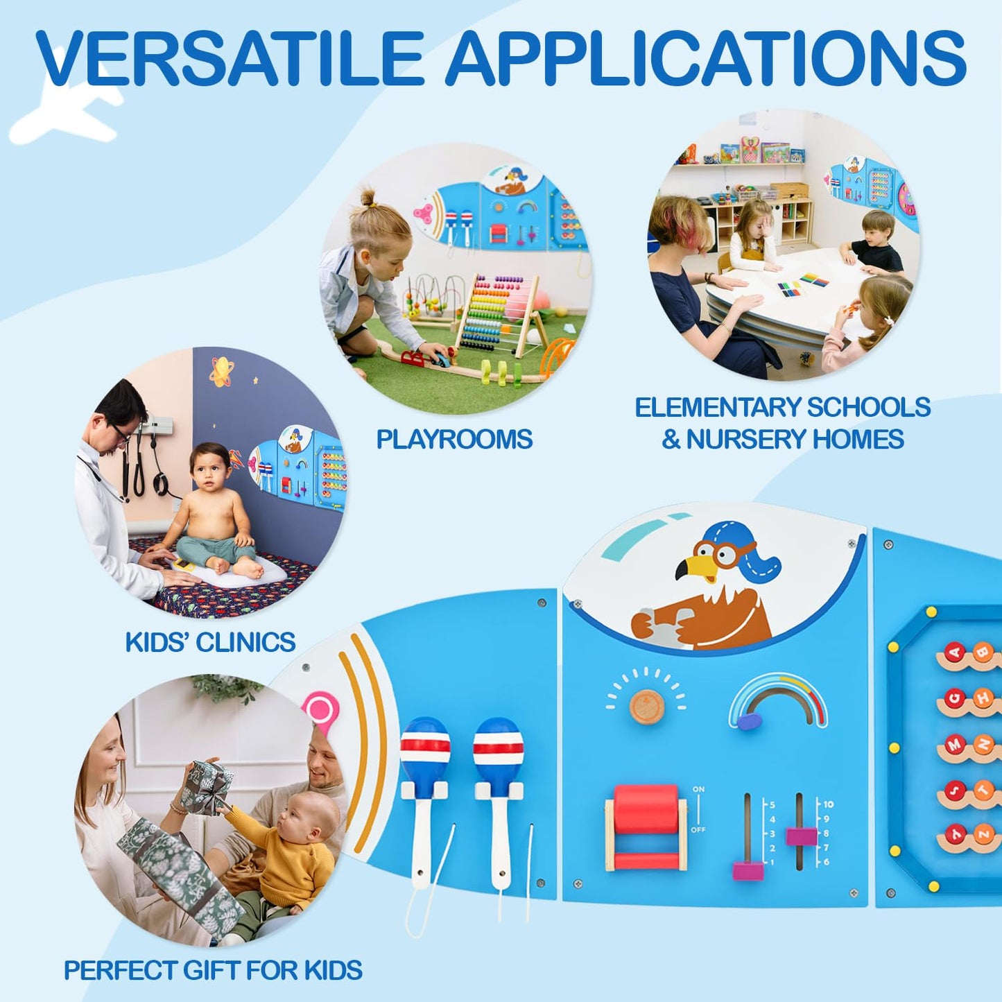 Monlurd Wooden Airplane Activity Wall Panel For Kids, Wall Toys For Toddlers 1-3, Playroom Toys, Daycare Furniture, Montessori B
