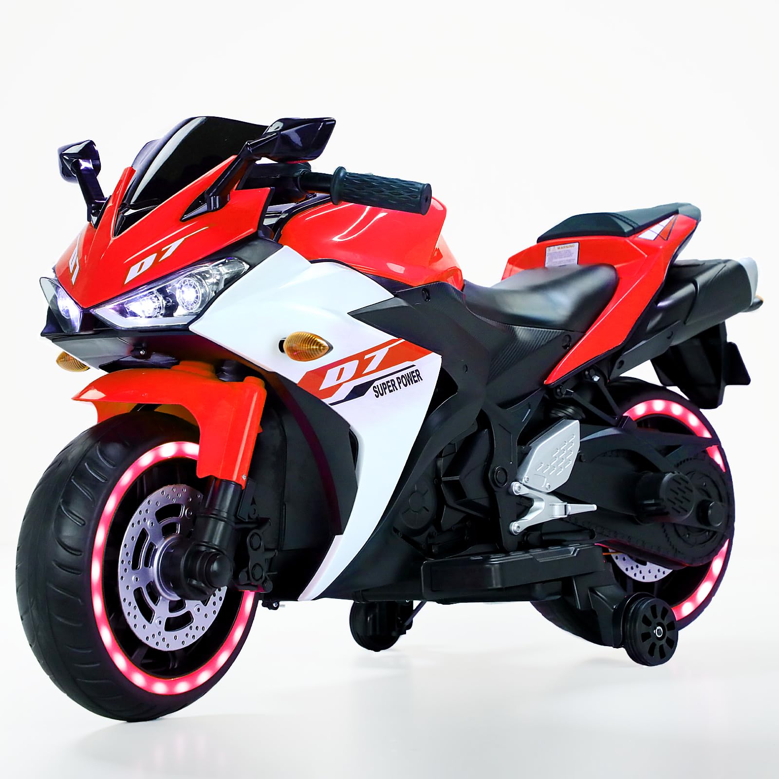 Blitzshark 12V Electric Motorcycle  Kids Motorcycle with Training Wheel  7AH Battery Ride On Motorbike for Kids  3.2 MPH Max Speed  Twist Grip Throttle  Soft Tires Extra Long Seat  Red and White