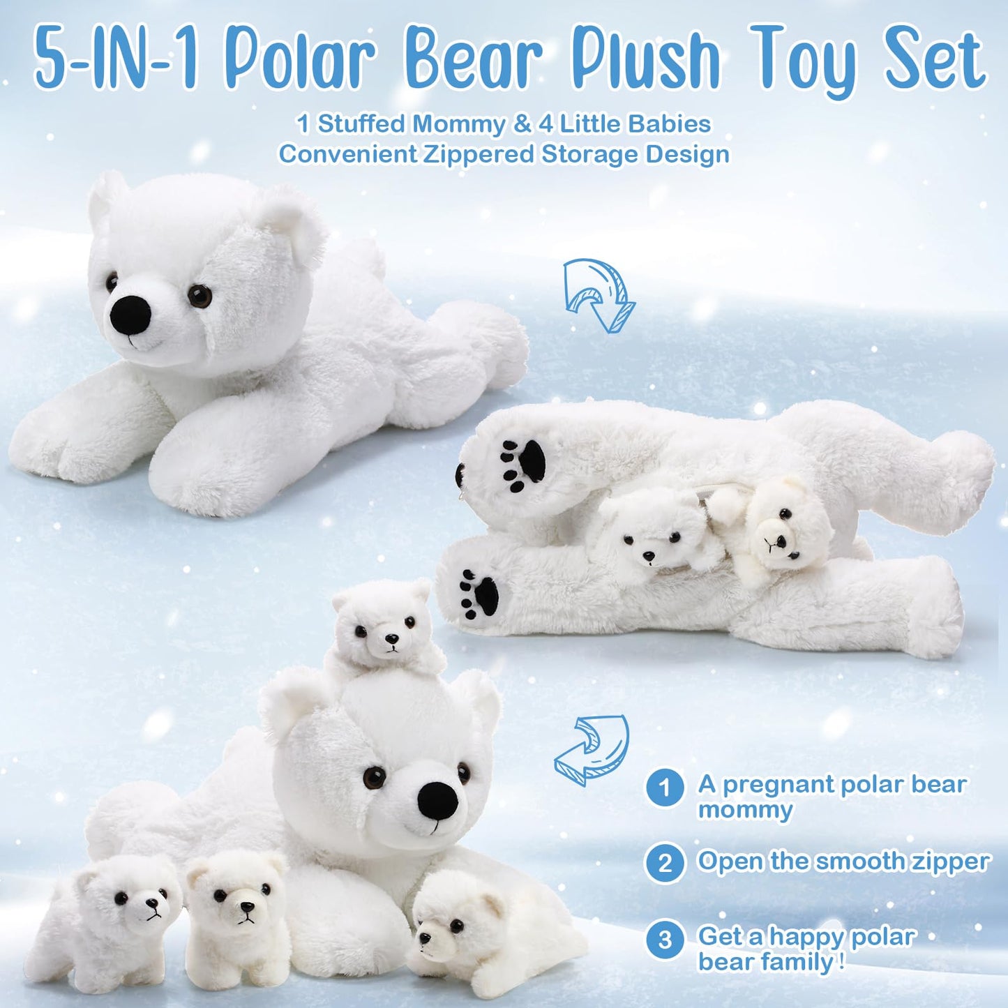 Leitee 5 Pcs Polar Bear Plush Set Large Mommy Polar Bear Stuffed Animal With 4 Cuddly Baby Plushies In Belly For Boys Girls Birthday Winter Holiday Decor Gifts(Lying)