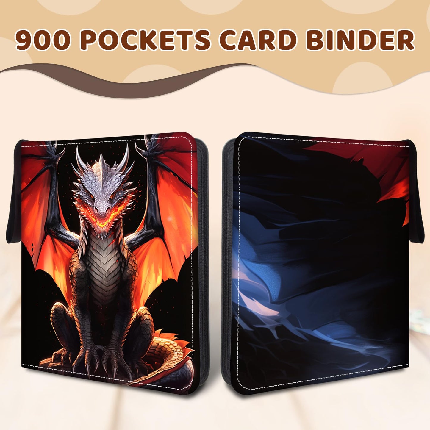 Wazzio 900 Pocket Dragon Card Binder  Trading Card Storage Album with 50 Durable 9-Pocket Pages  Dragon Design on Pocket Card Packs  Gifts for Zipper Closure Collector's Album