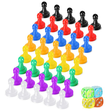 Zhanmai 40 Pieces Multicolored Plastic Chess Pawn Pieces for Board Games and 4 Pieces 6 Sided Game Dice Solid Color Round Corner Dice for Chess Game  Components  Table Markings
