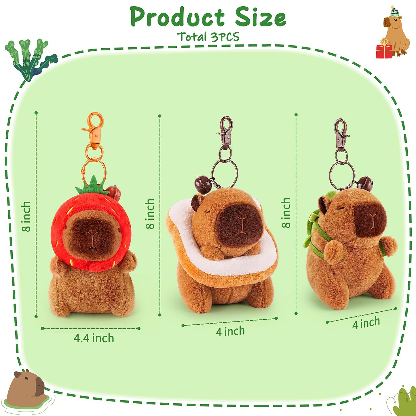 Achwishap 3PCS Capybara Plush Keychain,Cute Keychain Capybara Stuffed Animal,Soft Capybara Plush Toys Key Chain,Kawaii Plushie S