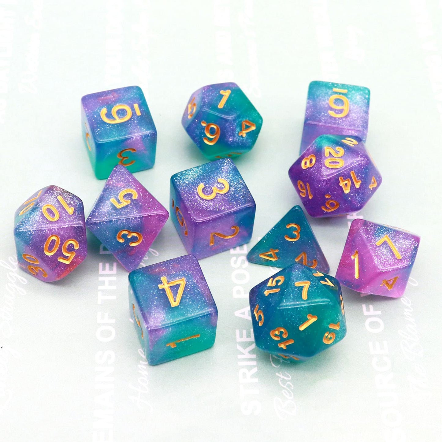 Haxtec 11 Piece Dice Set Extra D6 D20 Compatible with Dungeons and Dragons 5e RPG Games-Teal Purple Glitter