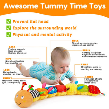 Baby Sensory Caterpillar Toys 0-3 Month Music Animal Stuffed Plush Toy For Infant 0-3-6-12 Month Tummy Time With Crinkle Rattle