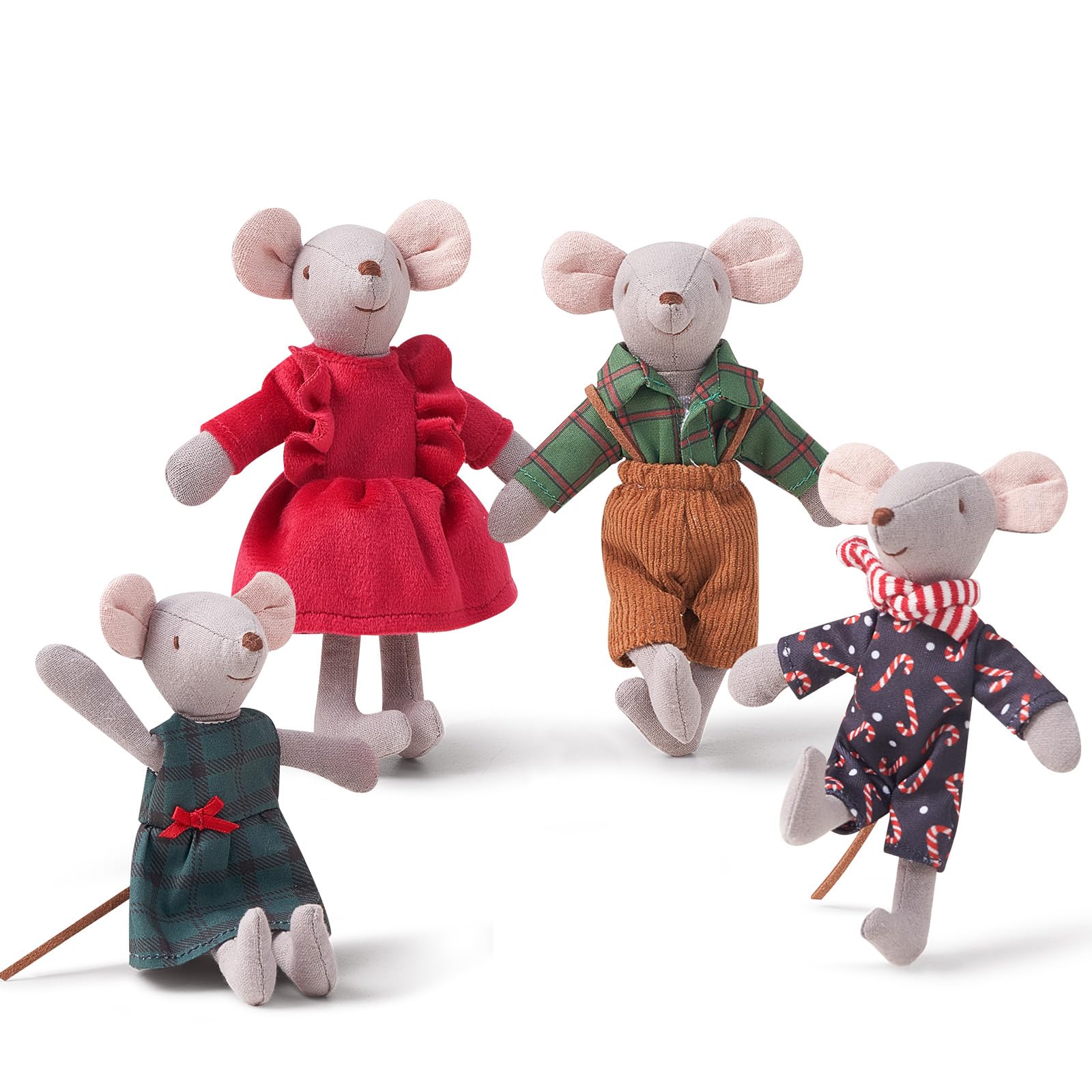 Giant bean Mouse Toys for Kids, Christmas Mouse, 4 PCS Hand Made Mouse Family Dolls with Removable Clothes, Suitable for Infants