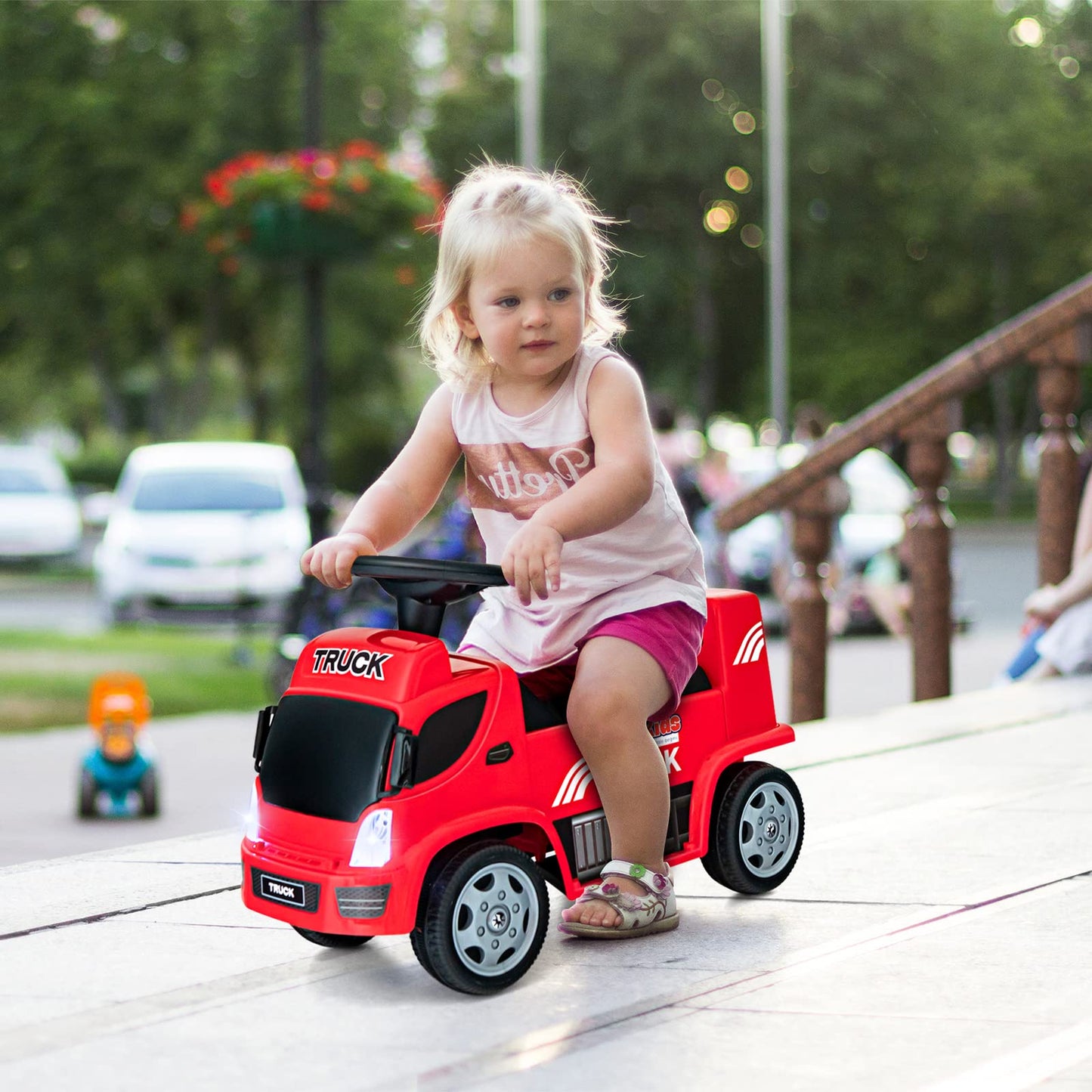 Olakids Kids Ride On Push Car, 2 In 1 Foot-To-Floor Sliding Truck With Detachable Trailer, Steering Wheel, Headlights, Music, Alarm Sound, Toy Walker Gift For Toddlers Age 1.5-3 Boys Girls (Red)