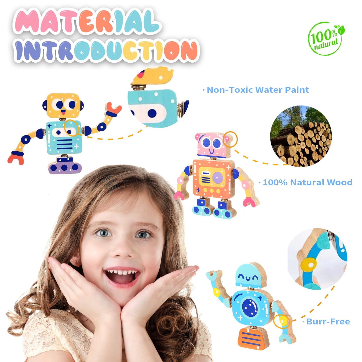 Hdsahdok Wooden Snap Together Building Toys, Stem Blocks Toys, 28 Pcs Robot Take Apart Toys Playset, Montessori Educational Fine