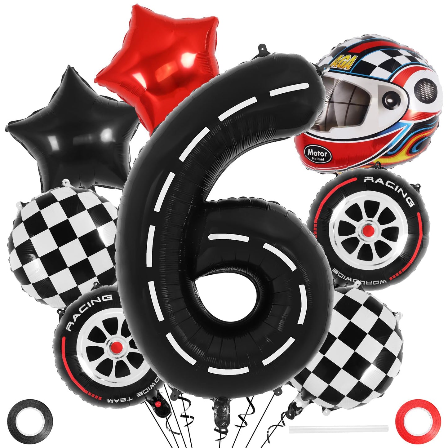 Race Car 6 Balloons, 40 Inch Racetrack Number 6 Balloon, Large Foil Mylar Racetrack Black 6 Balloon For 6 Year Old Birthday Race