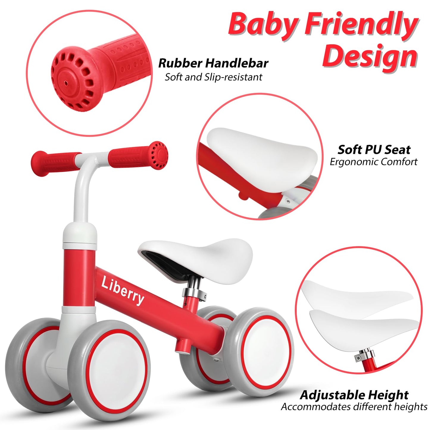 Liberry Baby Balance Bike For 1 Year Old Girls, 4 Wheels Toddler Balance Bike With Adjustable Seat, 12-36 Months Infant'S First Birthday Gift (Red)