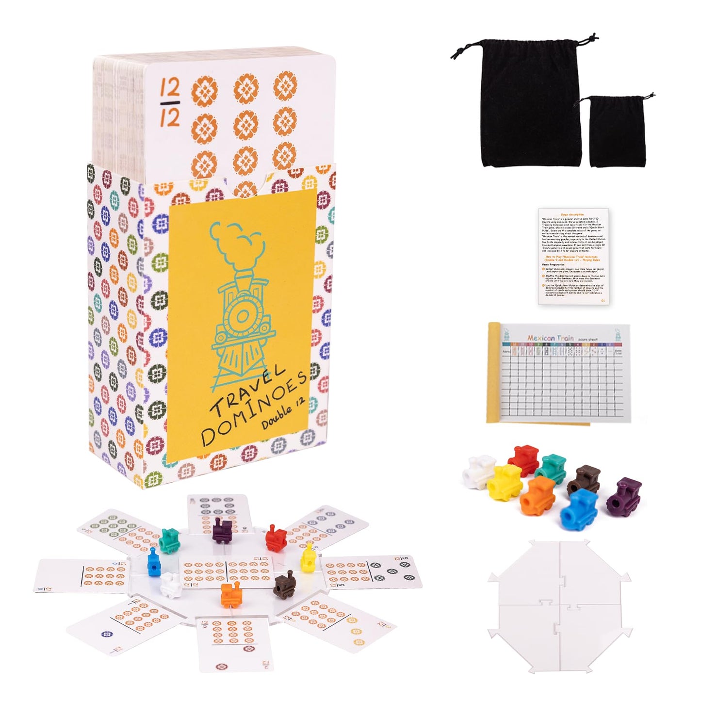 Mexican Train, Mini Travel Dominoes Game:105 Cards+1Hub For Mexican Train+8 Train Marker+1 Instruction+1 Scoresheet,Double 12 And Double 9 Dominoes Set,2-10 Players,Dot Dominoes,Travel Dominoes