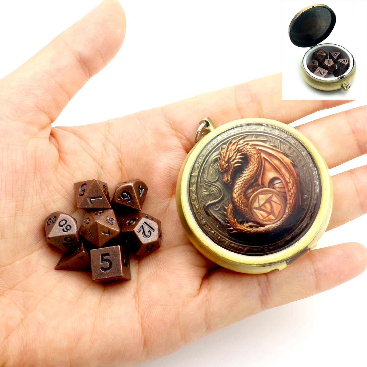Haxtec Mini Dice Set with Keychain Dice Case 10mm Mini Metal DND Dice Antique Copper Metal Dice Set D&D Portable 7PCS Dice Set D