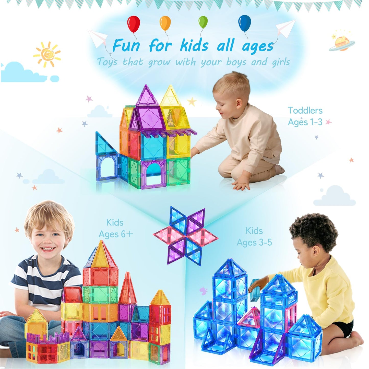 WOOANT Magnetic Tiles Building Blocks 100PCS Magnets Building Set Magnetic Blocks Montessori Toy Construction STEM Stacking Toys 3D Toy Gift for Kids 3+ Years Old Boys and Girls preschool Kindergarden
