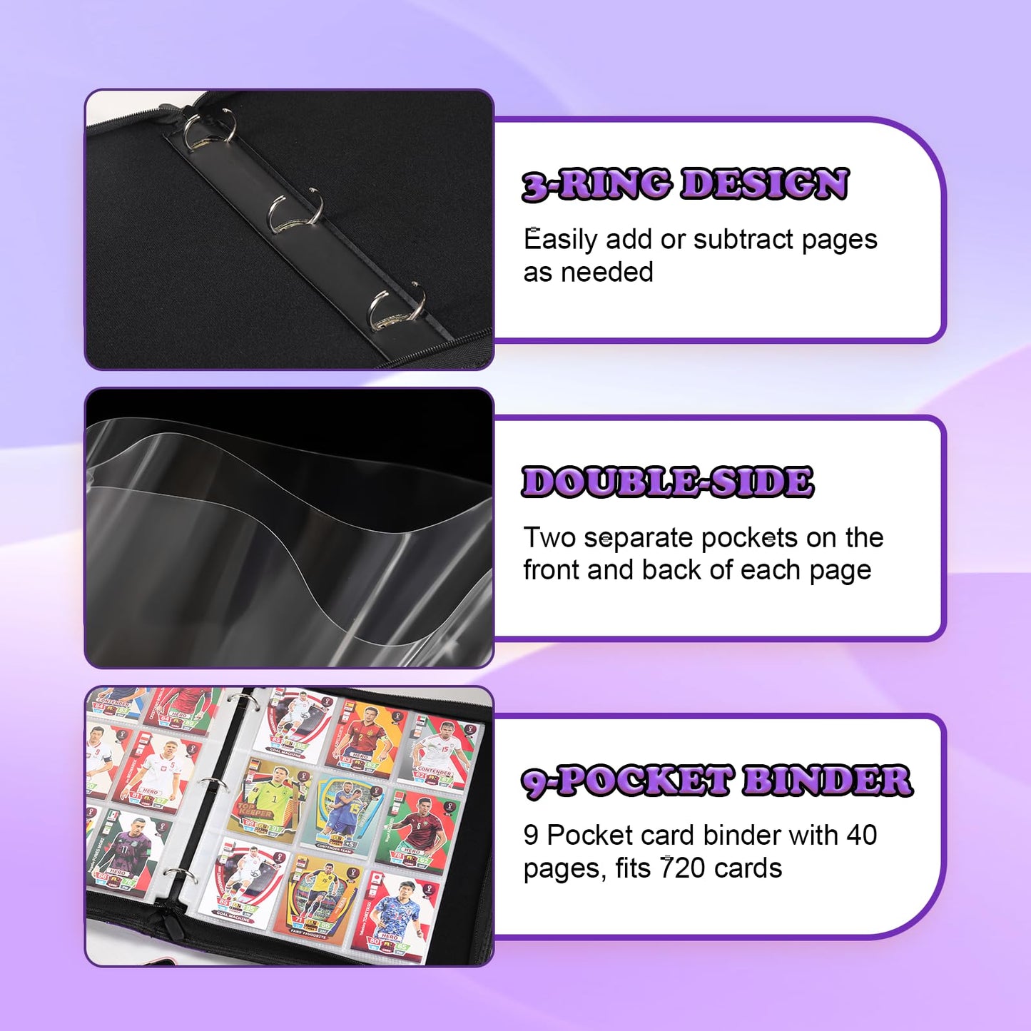 LIMSTDIC Card Binder for Pokemon Card  9 Pocket 40 Double-Sided Pages for 720 Card Pocket enhanced Zip PU Card Binder for Pokemon  Collectible For TCG MTG Baseball Football Trading Card Game(Purple)