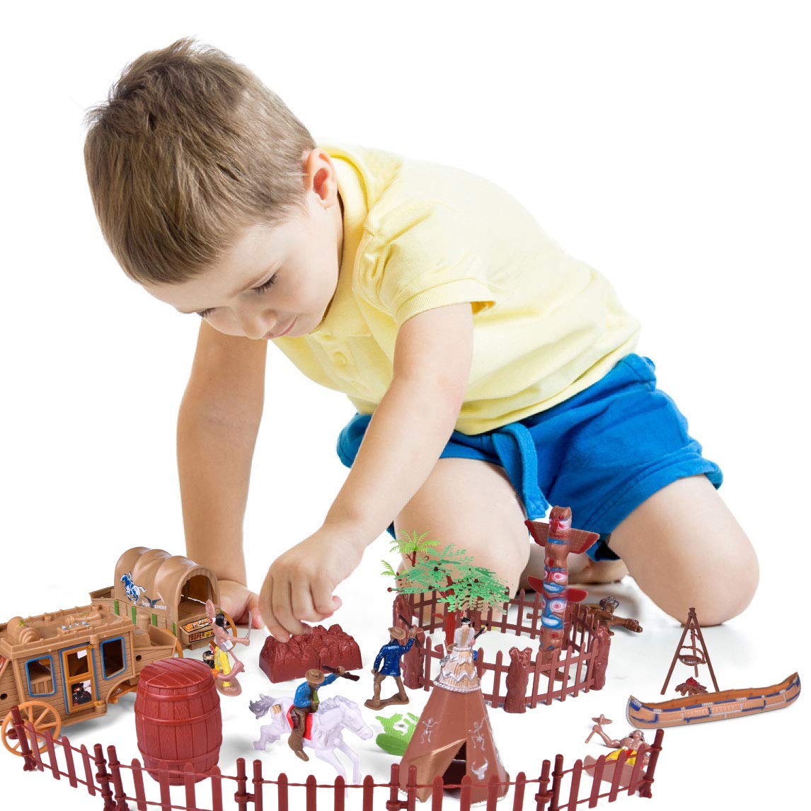 Fun Little Toys 61 Pcs Wild West Cowboys And Indians Plastic Figures Toys, Toy Soldiers For Kids, Wild West Figure Playset With Horse, Tent, Army Men Boy'S War Game, Educational Toys, Birthday Gift