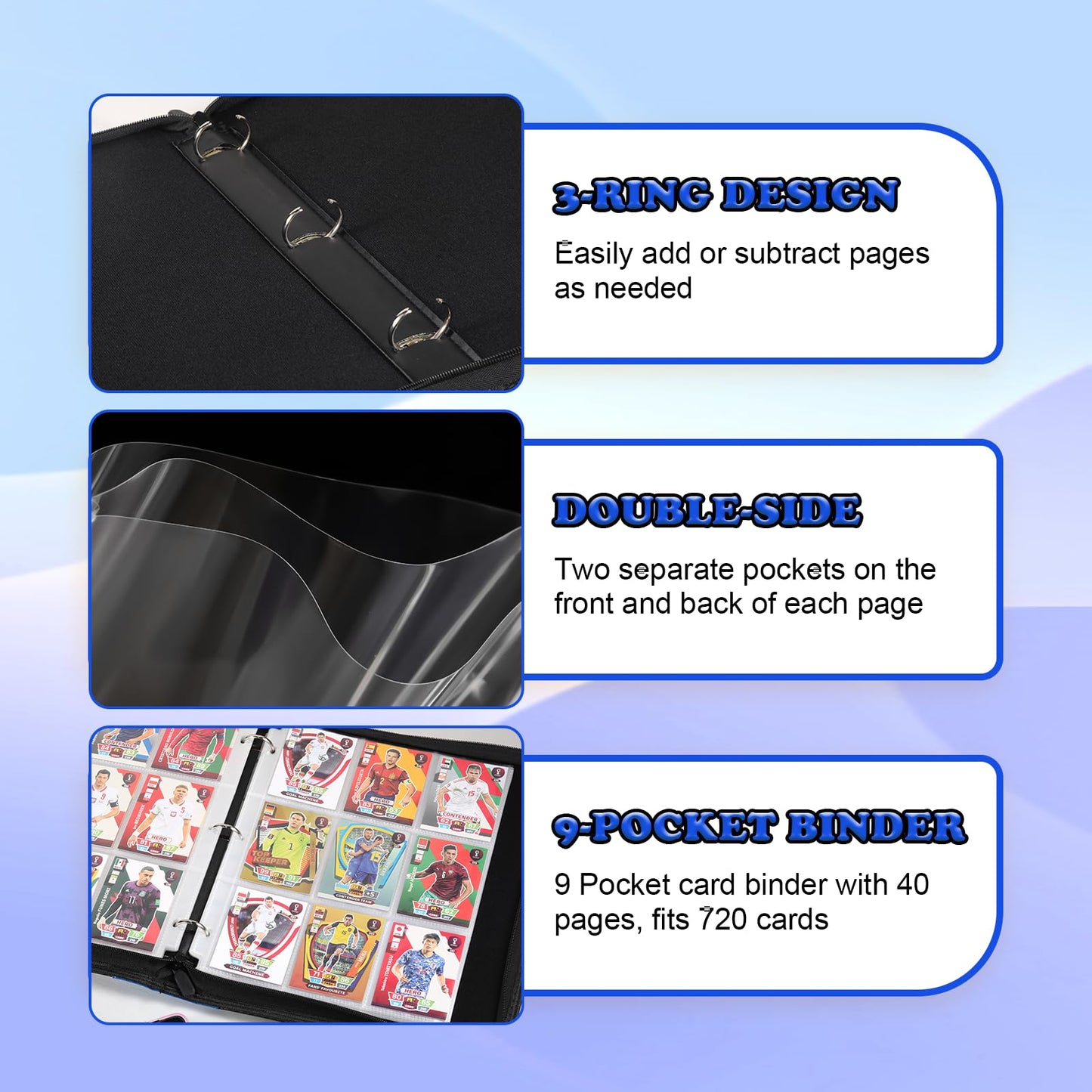 LIMSTDIC Card Binder for Pokemon Card  9 Pocket 40 Double-Sided Pages for 720 Card Pocket enhanced Zip PU Card Binder for Pokemon  Collectible For TCG MTG Baseball Football Trading Card Game(Blue)