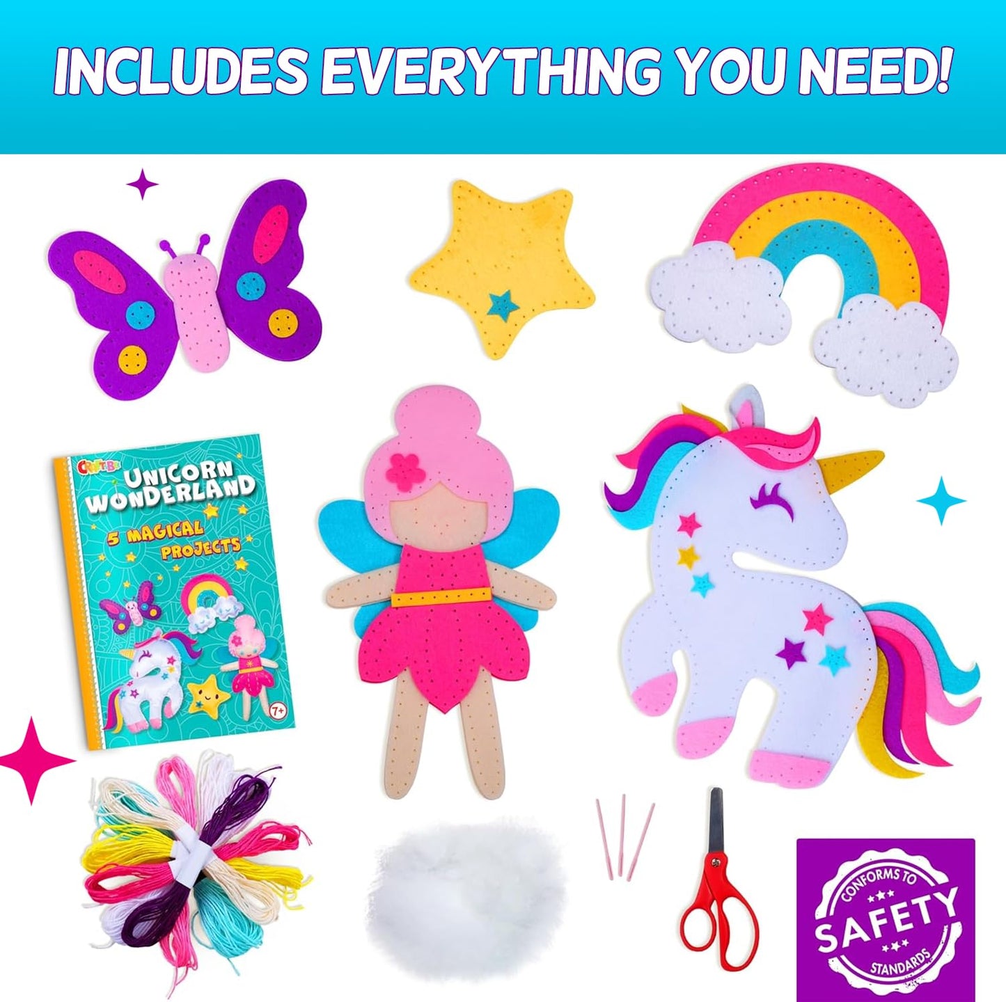 CRAFTSBEE Magical Unicorn Sewing Kit - Create 5 Felt Animals & Pillow - Large, Unicorn Crafts for Girls 7+