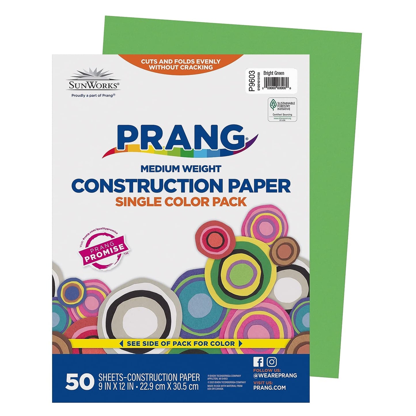 SunWorks 9603 Construction Paper, 58 lbs., 9 x 12, Bright Green, 50 Sheets/Pack