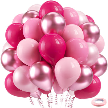 Bezente Pink Balloons Set, 60pcs 12" Metallic & Latex Balloons for Birthday, Wedding, Baby Shower - Multiple Pink Colors