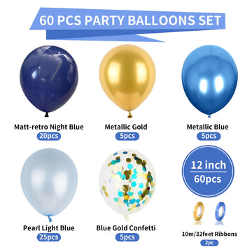 Biapian 60 Pcs Dark Blue Gold Balloons, 12 Inch Latex Balloons For Party Decorations, Unisex Unique Blue Gold Confetti Balloons,