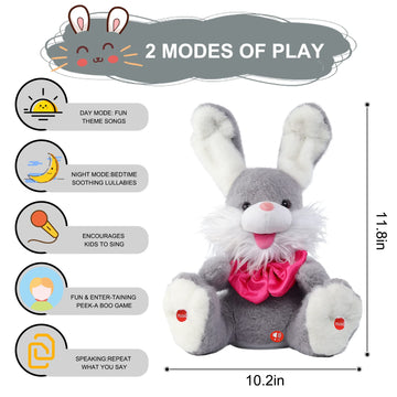 Miaodam Peek-A-Boo Bunny Toy For Toddlers 1-3, Talking Stuffed Animal Repeats Your Words, Sings Children Songs & Lullabies, Interactive Plush With Floppy Ears (Grey)