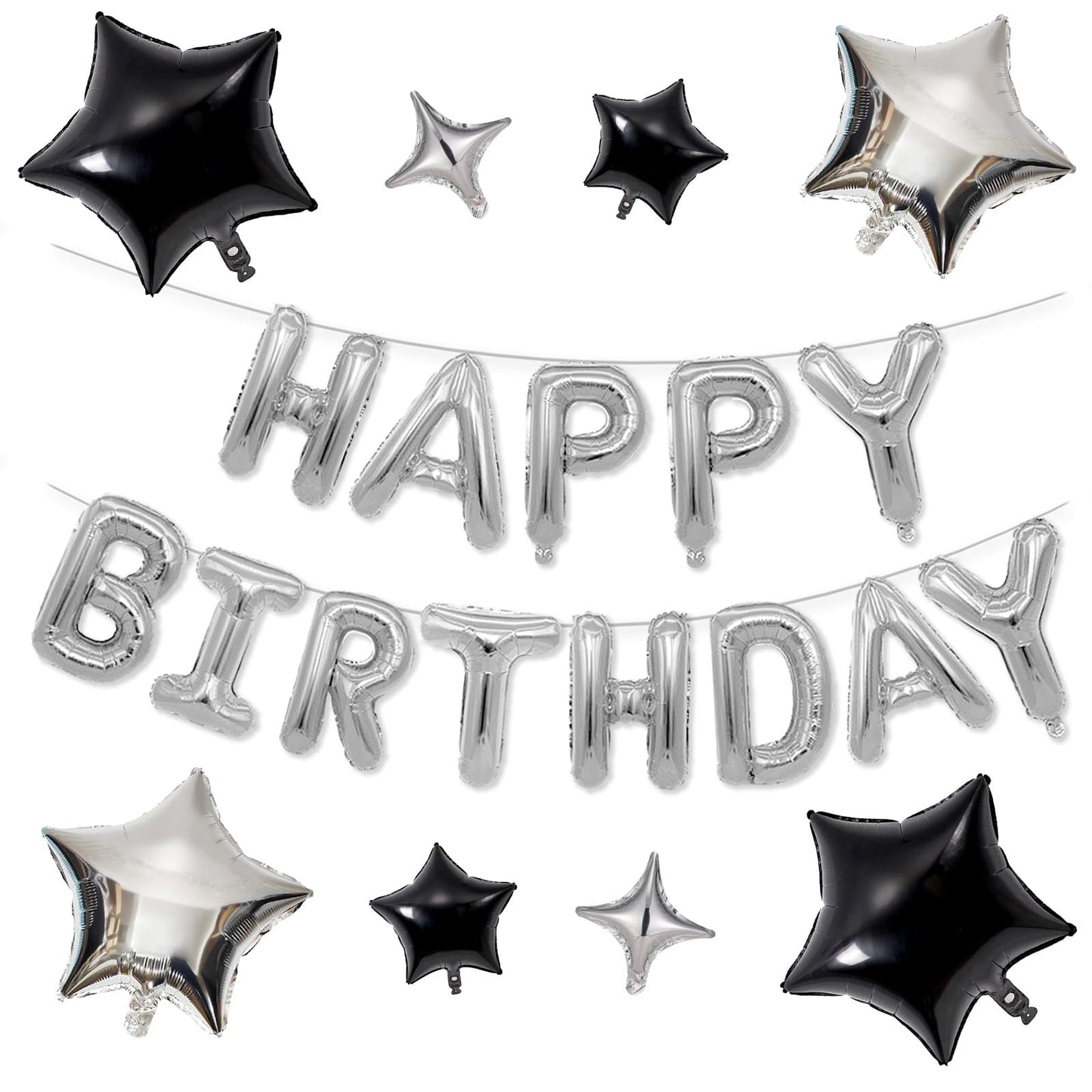 Happy Birthday Balloons Banner, Silver Happy Birthday Foil Balloons 16 Inch Mylar Foil Letter Balloons With 8 Pcs Black Silver S