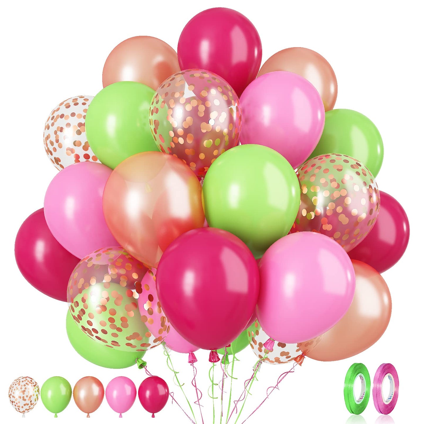 Paready Tropical Party Green Pink Balloons, 60 Pcs 12 Inch Green Hot Pink Rose Gold Confetti Balloons For Hawaiian Luau Theme Pa