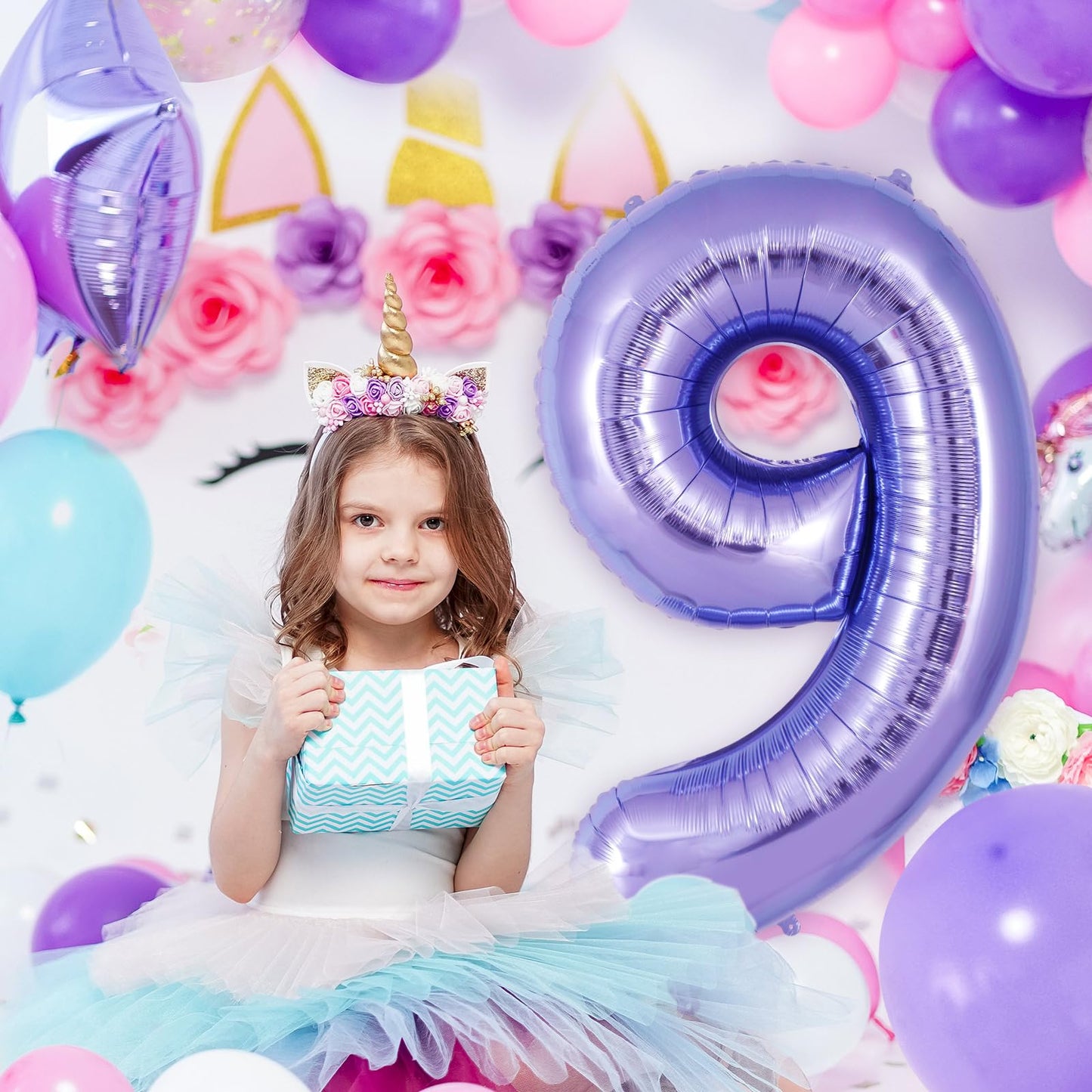 Purple Number 9 Balloon 40 Inch, Big Large Foil Helium Number Balloons, Giant Mylar Number 9 Balloons For 9 Year Old Birthday An