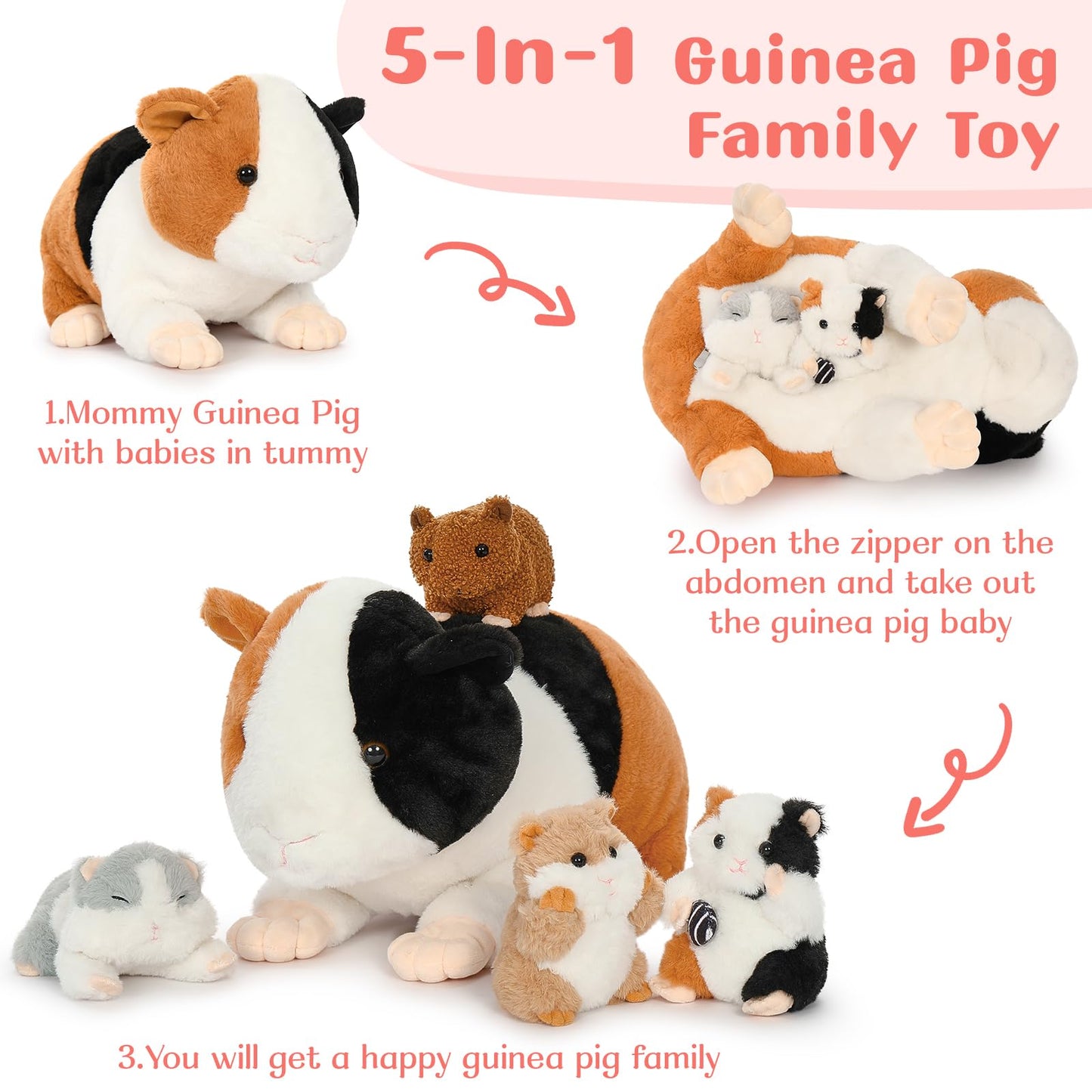 Karister 5-Piece Giant Guinea Pig Stuffed Animal Set, 19.7" Plush Mommy Hamster with 4 Baby Guinea Pigs, Cute Guinea Pig, Polyester
