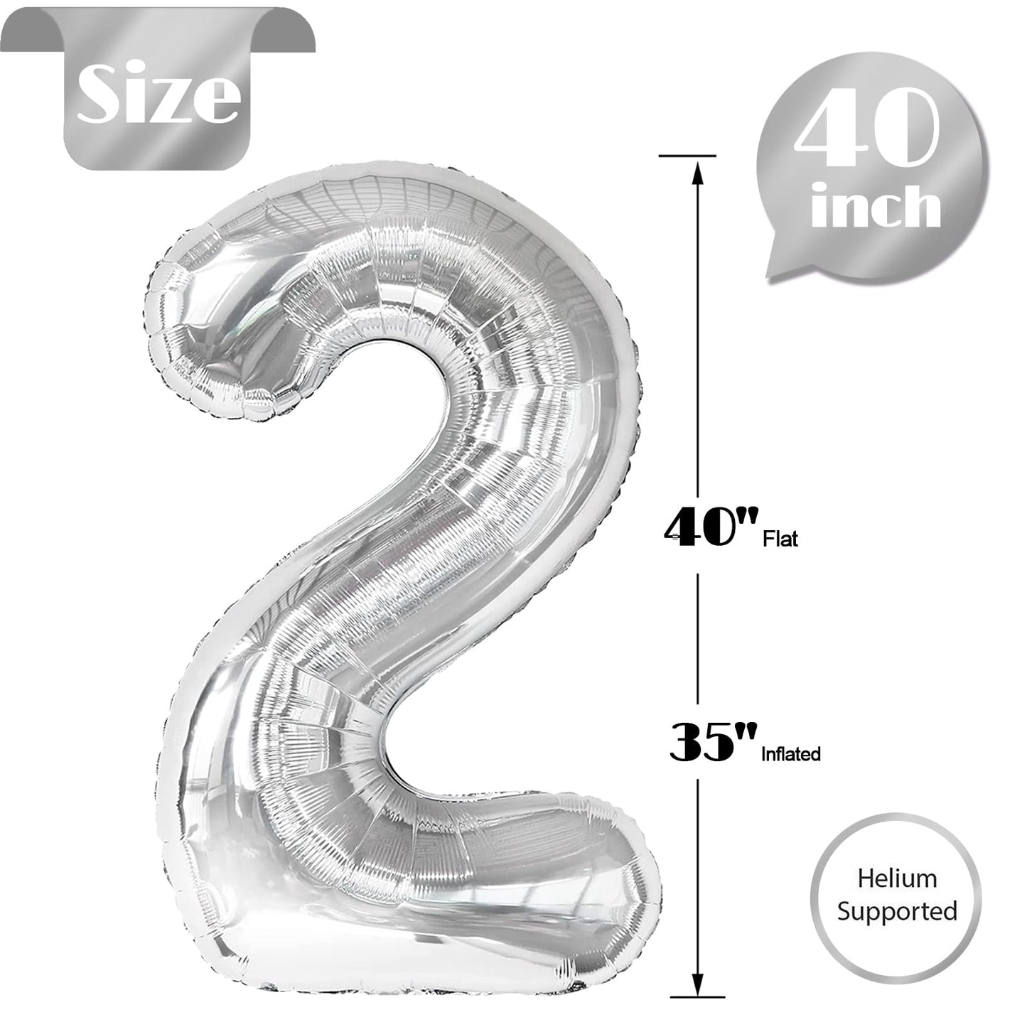 Silver Number 2 Balloon 40 Inch, 2 Balloon Number, 2Nd Birthday Decorations For Baby Girls Boys Toddlers