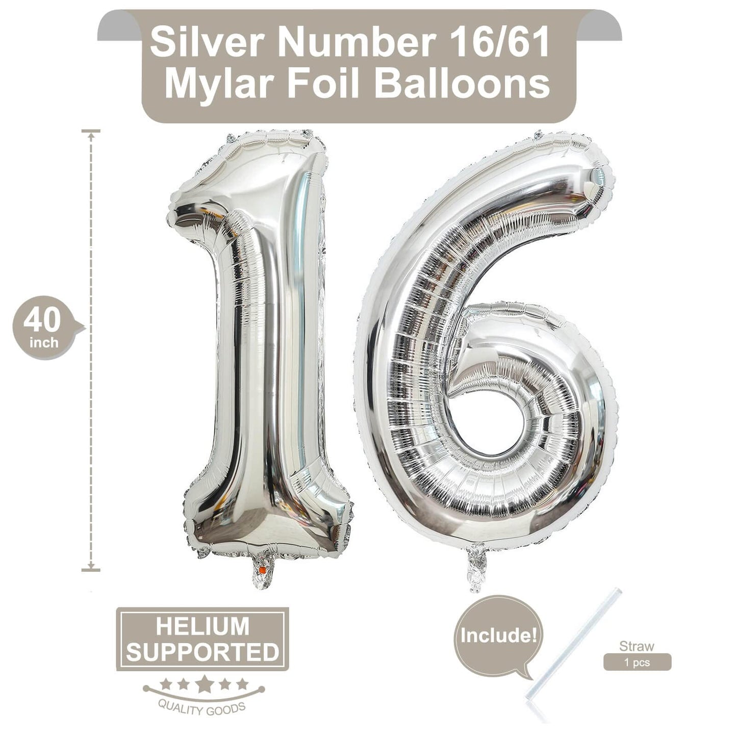 LHOAVWE 40 Inch Silver 16 Number Balloons - Aluminum Birthday Decorations for 16th Anniversary Party