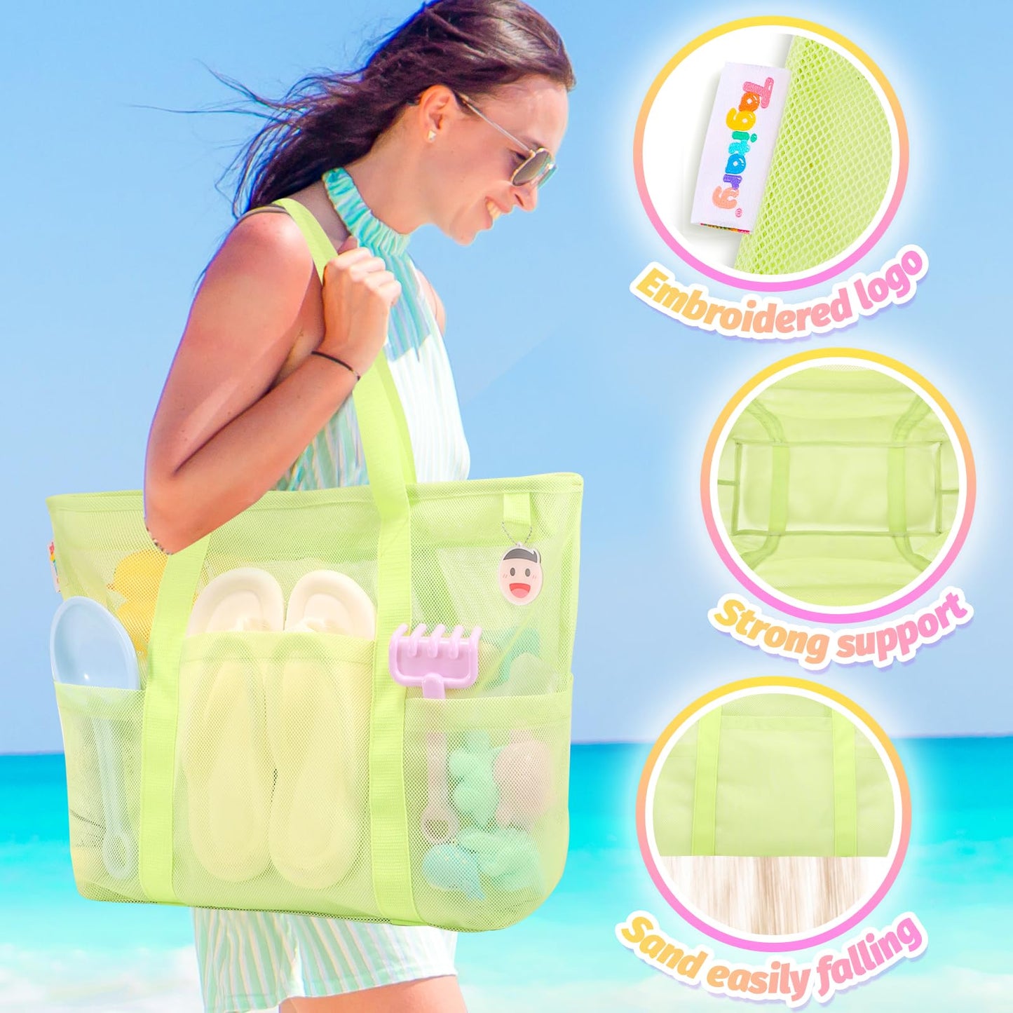 Tagitary Beach Toys Mesh Beach Bag with Zipper, Green Large Beach Tote Waterproof Sandproof with 8 Pockets for Storage Swim Pool