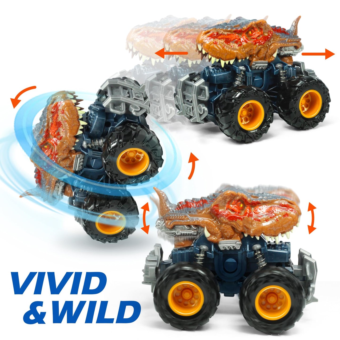 Oriate T-rex Dinosaur Toy Cars for Kids 3-8, Friction Powered Monster Truck with Mechanical Motor, Push n Go Car Stunt Play Part