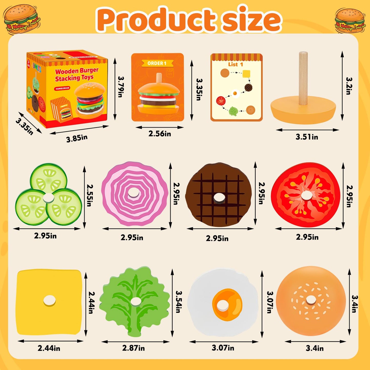 Jumlys Montessori Toys For 2, 3, 4, 5, Year Old, Wooden Burger Stacking Toys, Fine Motor Toys For Kids Boys Girls, Ideal Prescho