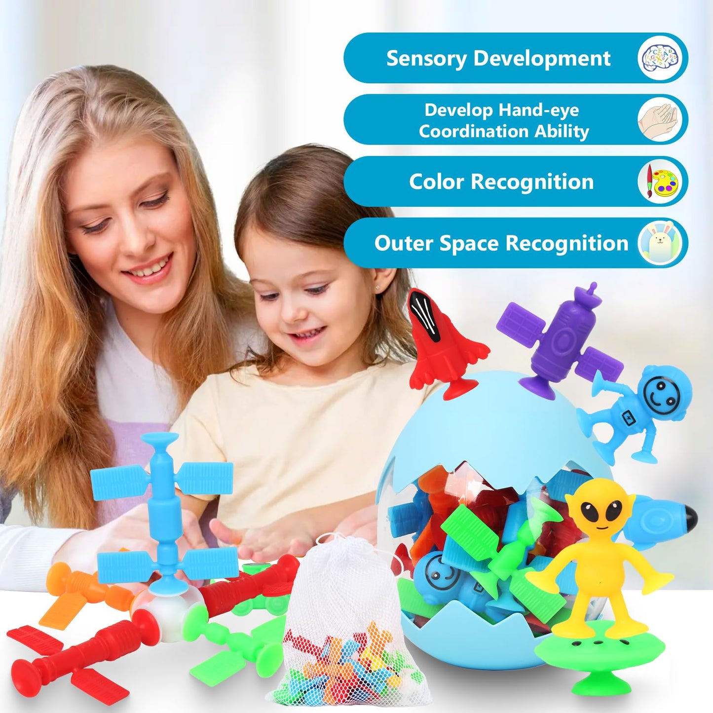 Suction Bath Toys For Kids, 20 Pcs No Hole Outer Space Bath Toy With Eggshell & Bag, Silicone Suction Cup Toys, Sensory Window B