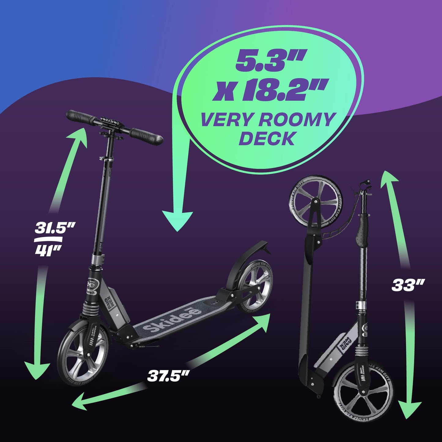 Skidee Kick Scooters for Kids 8-12 - Adjustable Height Up to 41, Foldable, 8 Shock-Absorbing Wheels, 220LBS Capacity - Ultra Smo