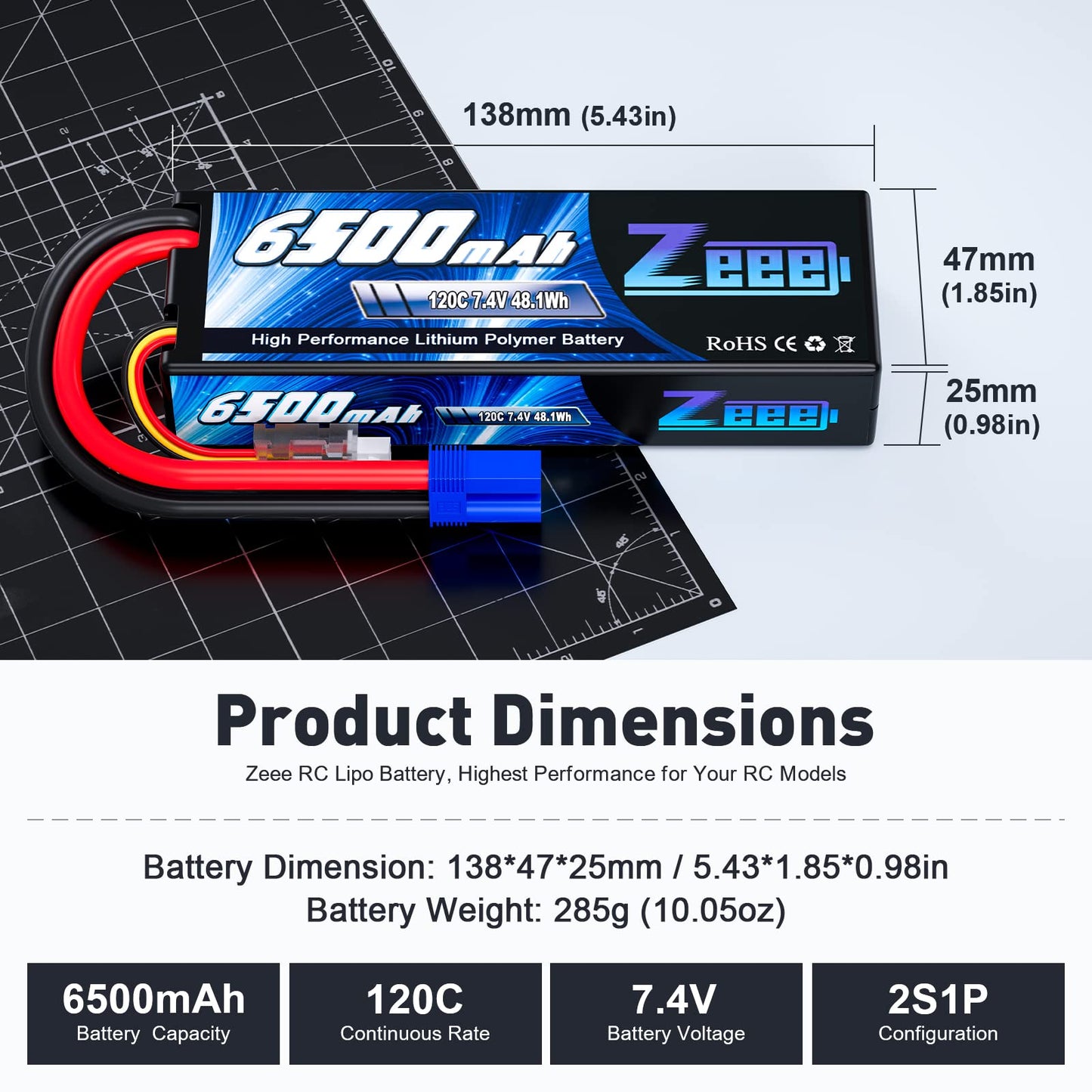 Zeee 2S Lipo Battery 6500mAh 7.4V 120C Hard Case RC Car Battery with EC5 Connector for RC Vehicles RC Truck Tank Truggy Boat Rac