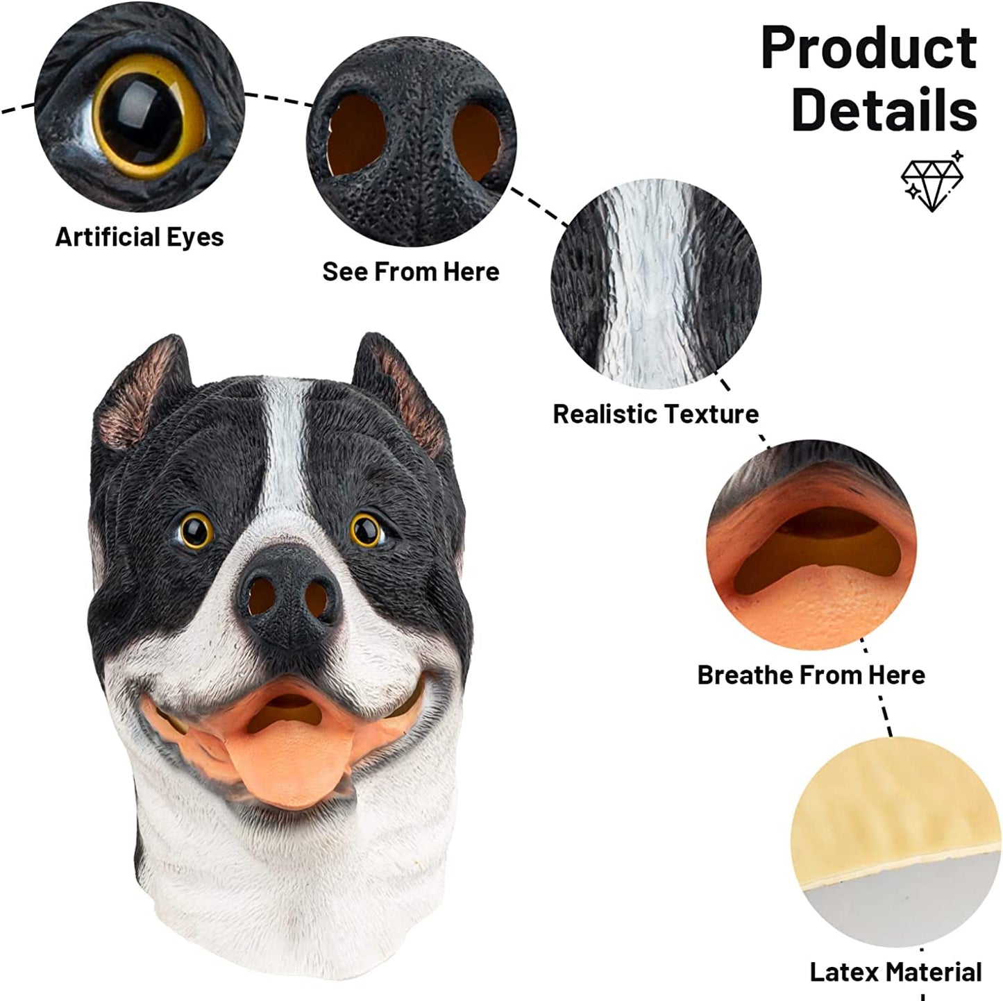 PartyHop Pitbull Dog Mask Animal Latex Full Head Mask Fancy Dress for Halloween Costume Party