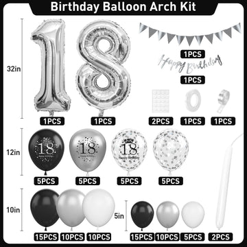 18Th Birthday Decorations Black Silver,18Th Birthday Balloon Garland Party Decorations With Number 18 Foil Balloons,Happy Birthd
