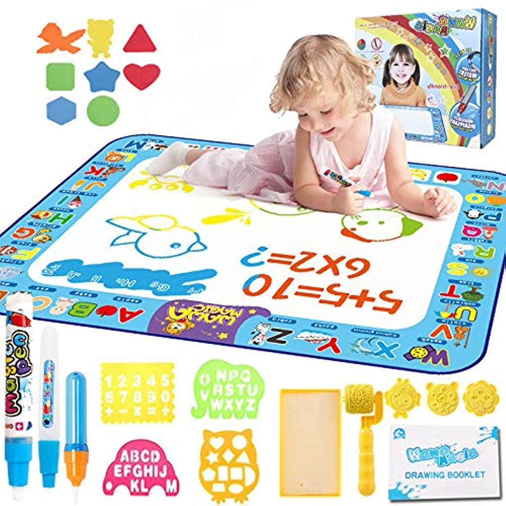 Patpat Water Doodle Mat 40 X 30 Inches, Fruit Alphabet Magic Drawing Mat With 3 Pens, 8 Small Eva Template, 4 Plastic Template, 
