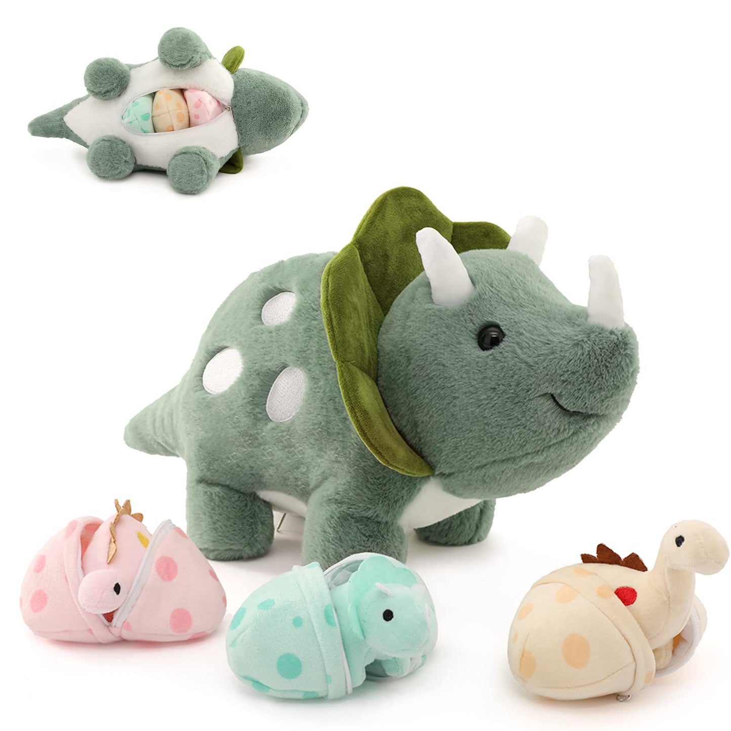 Karister Plush Dinosaur Stuffed Animals Set - Mommy Dinosaur & 3 Babies, 4 Piece Assortment, Multicolor, Soft Polyester