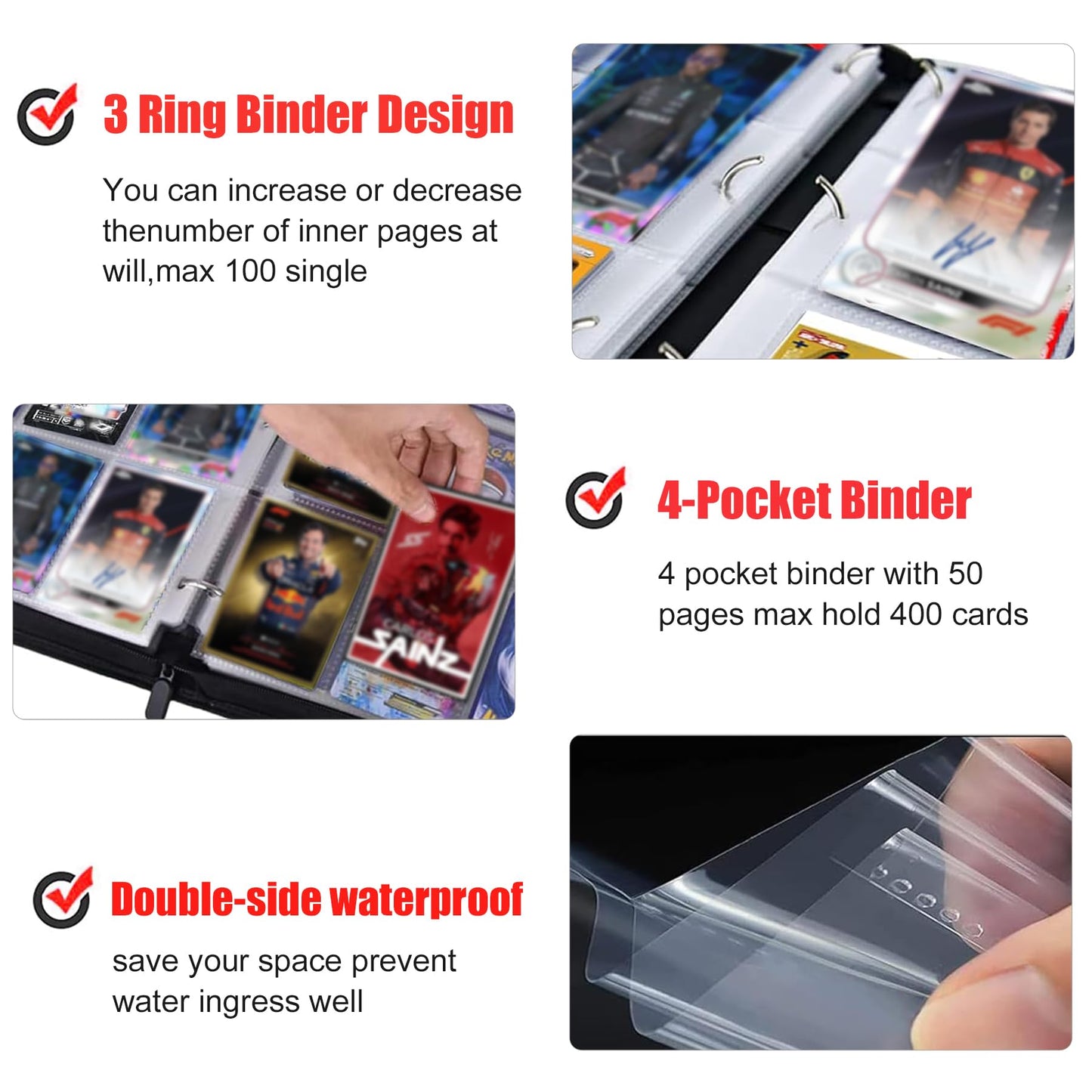 400 Pockets Race Card Binder for Trading Cards Portable Waterproof Storage Bag with Removable Sleeves for Sports Cards Collectors